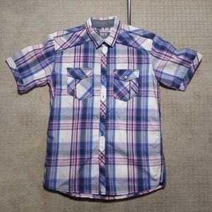 BKE Standard Fit Short Sleeve Button Down Plaid Shirt Mens Size M Blue Pink